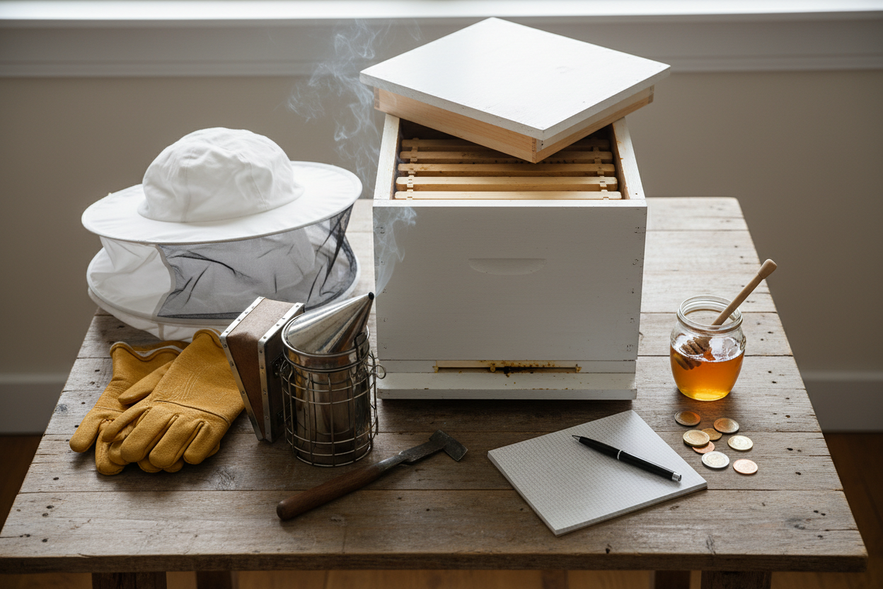 Handschuhe, Schleier, Stockmeißel, Smoker und eine Beute stehen auf einem Holztisch. Daneben liegen Zettel und Stift, ein paar Euromünzen sowie ein Honigglas mit Holzlöffel, halb gefüllt mit Honig