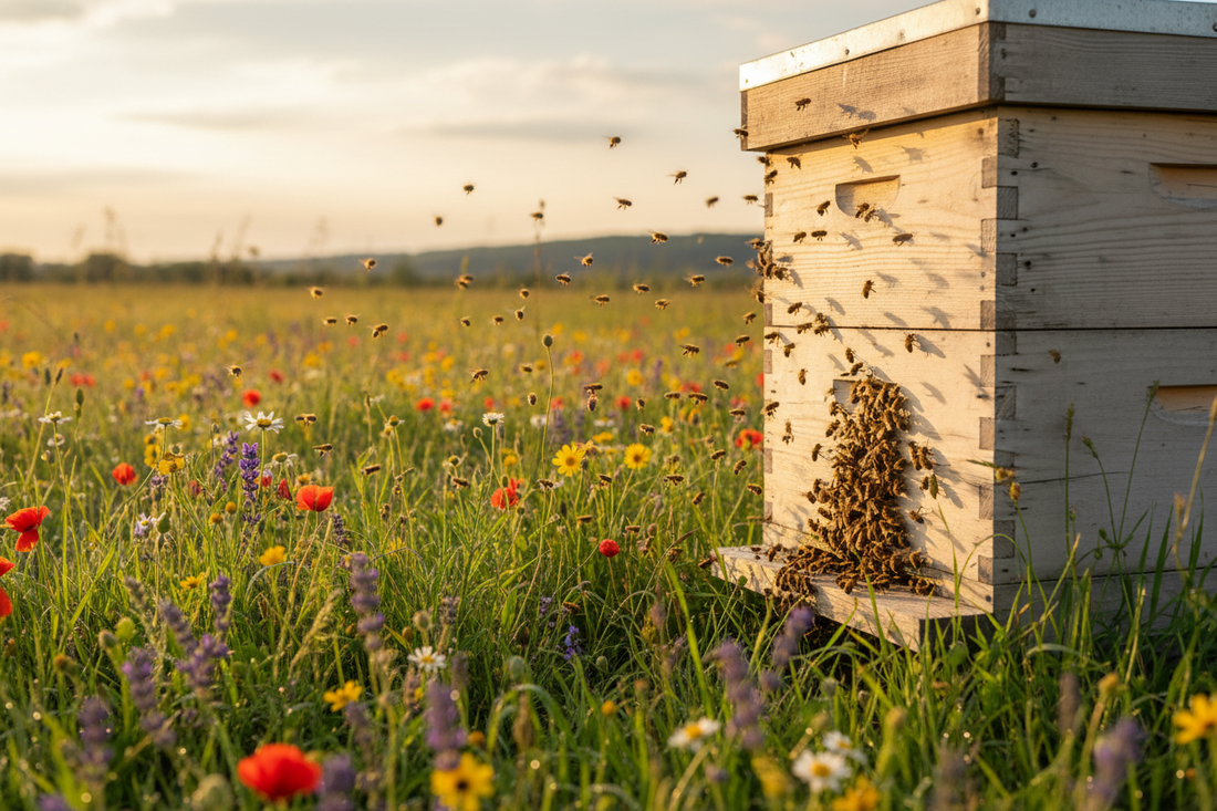 Bienenstock aus Holz mit einer großen Bienentraube vor dem Flugloch. Zu sehen ist ebenfalls eine blühende Wildblumenwiese.
